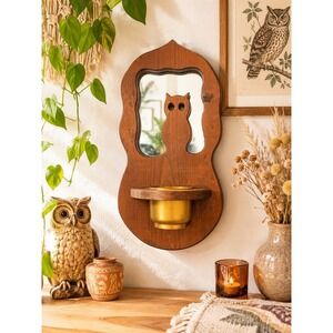 Vintage Owl wood shelf/Sconce Candle Holder Brass Insert  eyes handmade 20" MCM